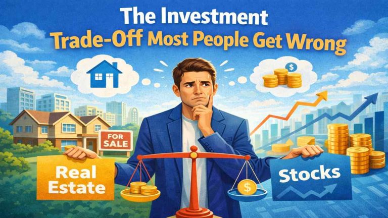 Illustration showing the investment trade-off between property and stocks that most people misunderstand
