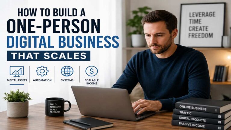One-person digital business owner using digital assets, automation, and scalable systems to build online income